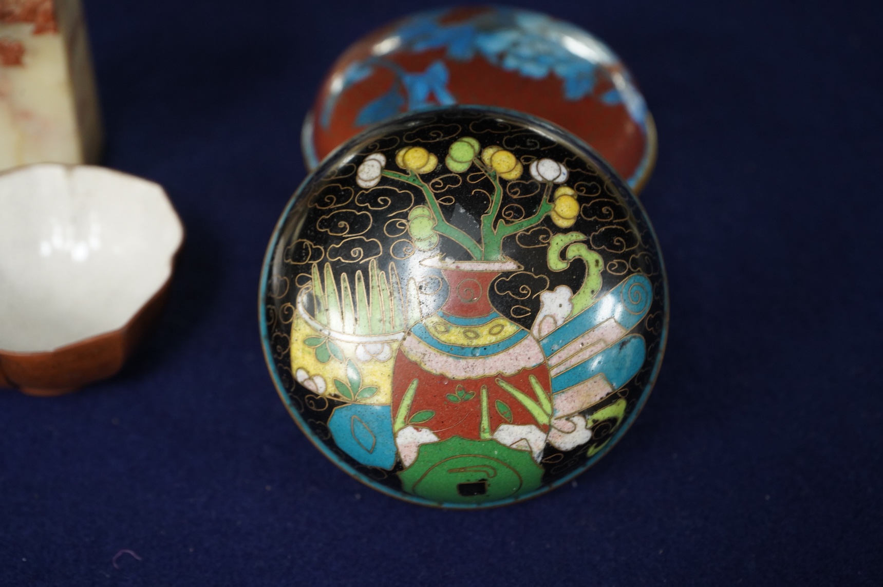 Two 18th century Yixing cups, a Chinese soapstone seal and two covered cloisonne pots, seal 11cm high